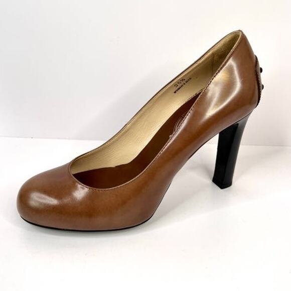 Tod's Size 5 (EU 35.5) Brown Leather 3.5 Heels With Black Studs Back of Heels - Picture 1 of 16
